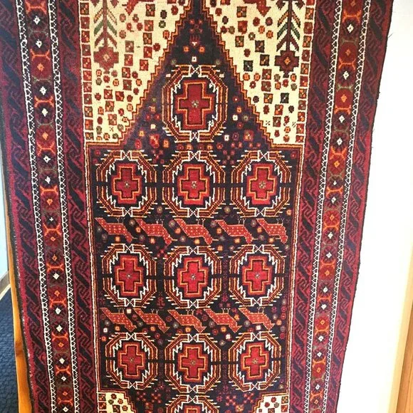 Vintage 1960s Handmade Wool Rug: Ethnic Geometric Design (6x3) - Picture 2 of 3